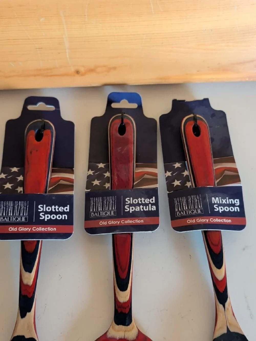 NWT. Old Glory Collection Red Navy Striped Wooden Kitchen Utensils Set - 3pc